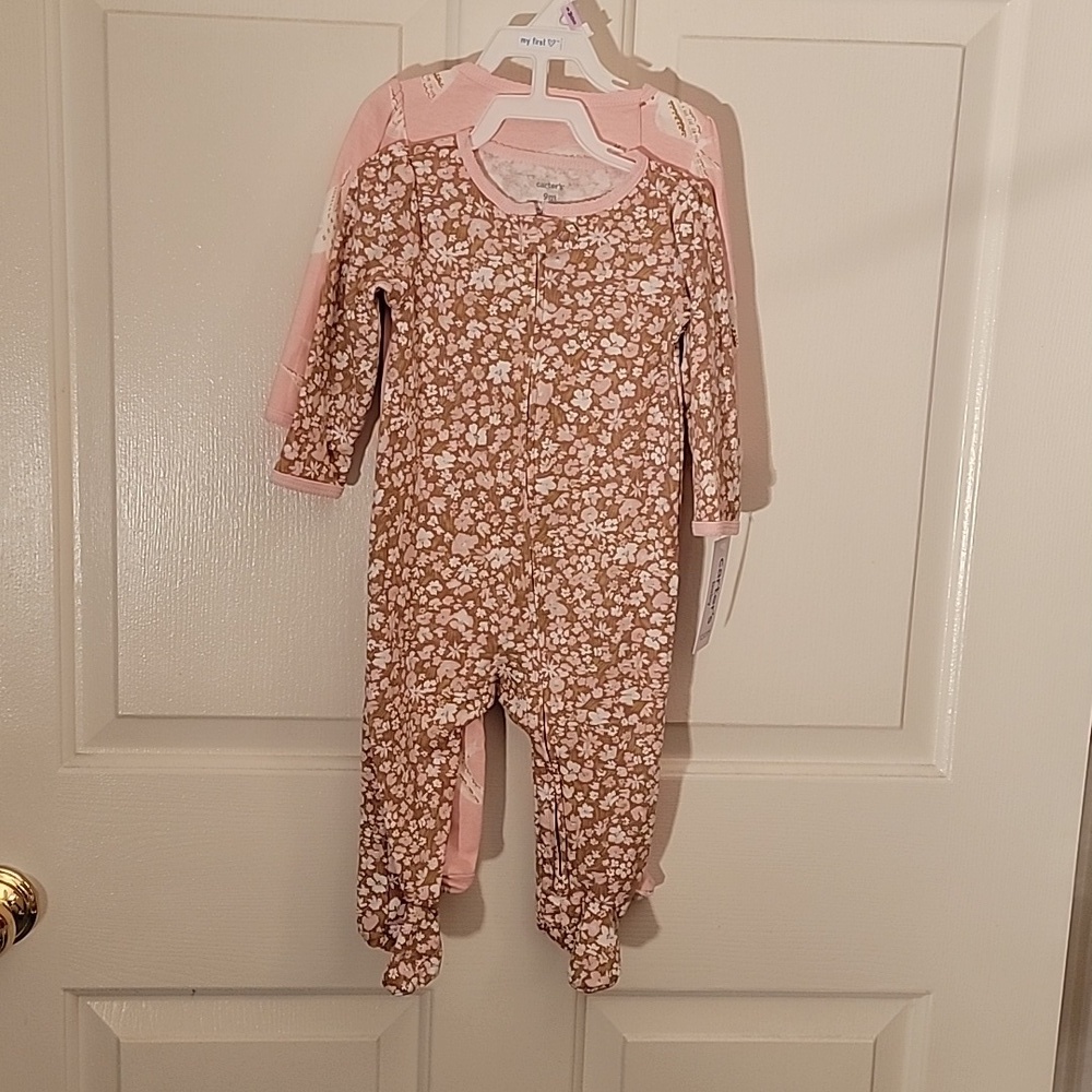 Carter's, baby girls 9M 2-piece set, pink and brown, long sleeves and footies. - Picture 2 of 11